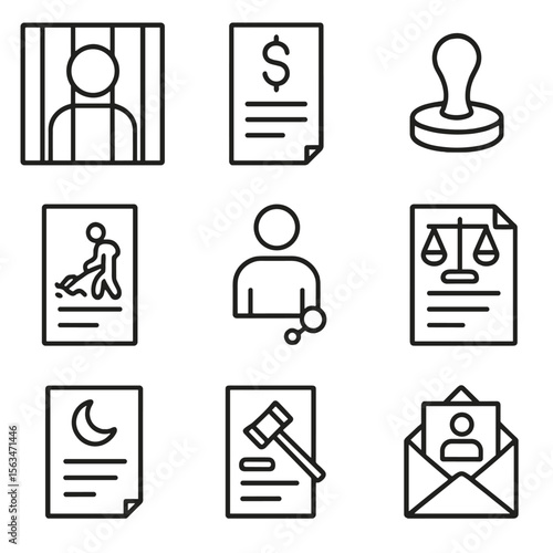 Justice Icons Set. Line style icons of penalties and enforcement: jail icon, fine notice, penalty stamp, community service paper,