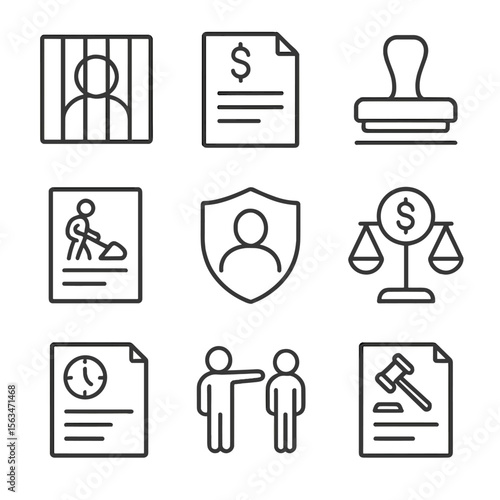 Justice Icons Set. Line style icons of penalties and enforcement: jail icon, fine notice, penalty stamp, community service paper,