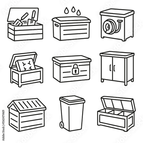 Outdoor Storage Icons. Line style icons of outdoor storage containers: garden tool chest, waterproof bin, hose reel box, patio