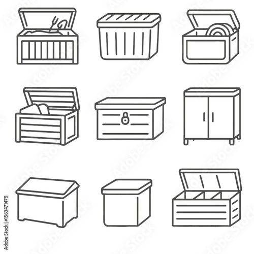 Outdoor Storage Icons. Line style icons of outdoor storage containers: garden tool chest, waterproof bin, hose reel box, patio