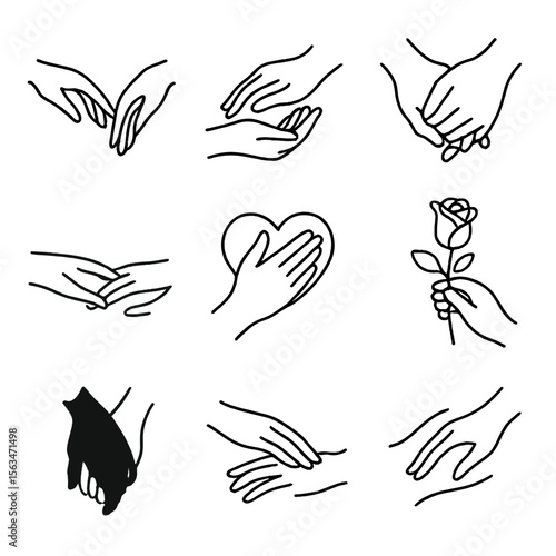 Romantic Hand Gestures. Line style icons of romantic hand gestures: hand reaching for another, soft caress icon, entwined fingers,