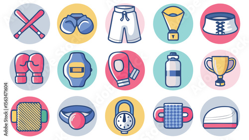 Illustration of boxing equipment and accessories including gloves trophies and protective gear icons set up nicely
