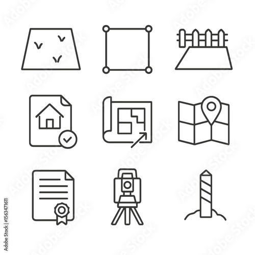 Land Ownership Icons. Line style icons of land ownership and development: vacant land icon, plot with boundaries, fenced land,