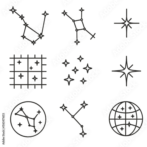 Constellation Line Icons. Line style icons of constellations and sky maps: Big Dipper, Orion’s Belt, Cassiopeia icon, star grid