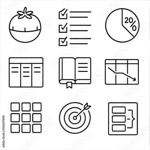 Productivity Method Icons. Line style icons of productivity methods: Pomodoro timer, GTD list structure, 80/20 rule diagram,