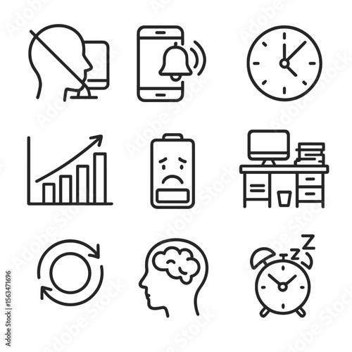 Productivity Pitfalls Icons. Line style icons of productivity pitfalls: distraction symbol, phone alert icon, missed deadline,