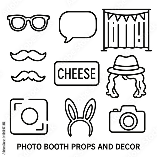 Photo Booth Props Icons. Line style icons of photo booth props and decor: fake glasses prop, speech bubble sign, party frame icon,