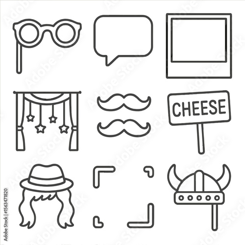 Photo Booth Props Icons. Line style icons of photo booth props and decor: fake glasses prop, speech bubble sign, party frame icon,