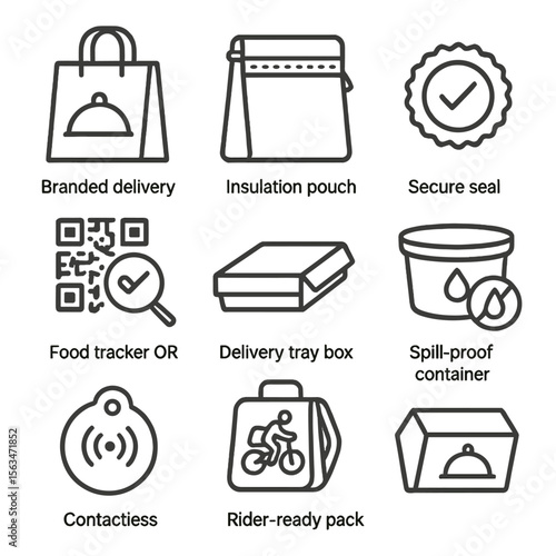 Restaurant Delivery Icons. Line style icons of restaurant delivery packaging: branded delivery bag, insulation pouch, secure seal