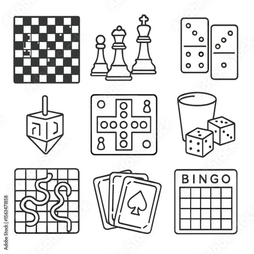 Board Game Icons. Line style icons of board and tabletop games: wooden checkerboard, vintage chess pieces, domino tiles, spinning