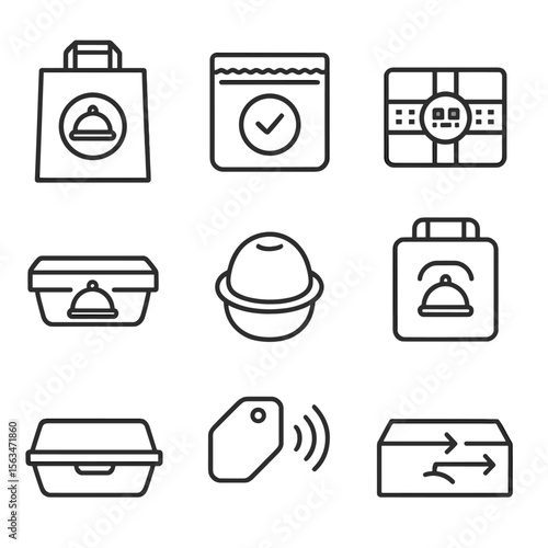 Restaurant Delivery Icons. Line style icons of restaurant delivery packaging: branded delivery bag, insulation pouch, secure seal