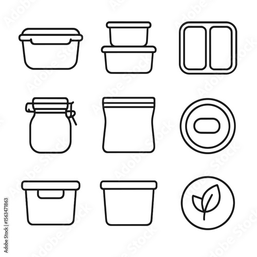 Food Storage Icons. Line style icons of food storage packaging: reusable container, stackable box, meal prep pack, storage jar,