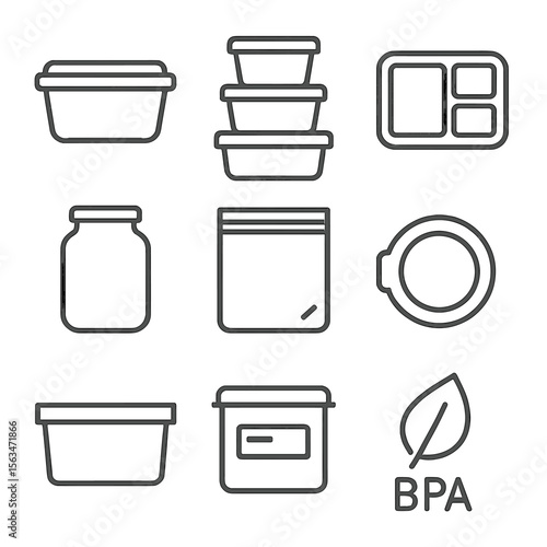 Food Storage Icons. Line style icons of food storage packaging: reusable container, stackable box, meal prep pack, storage jar,