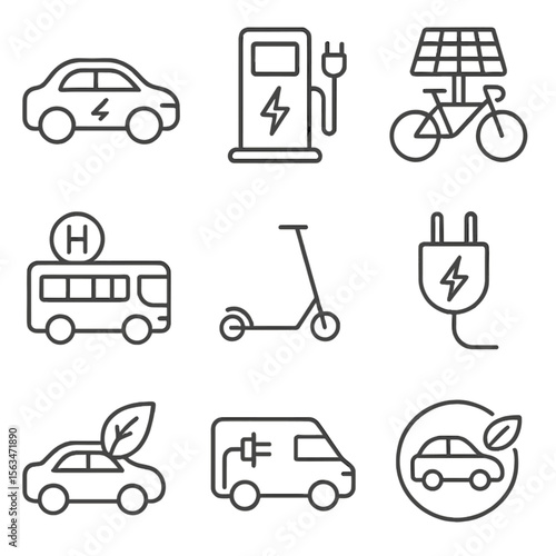 Clean Energy Icons. Line style icons of clean transport energy: electric car, EV charging station, solar-powered bike, hydrogen