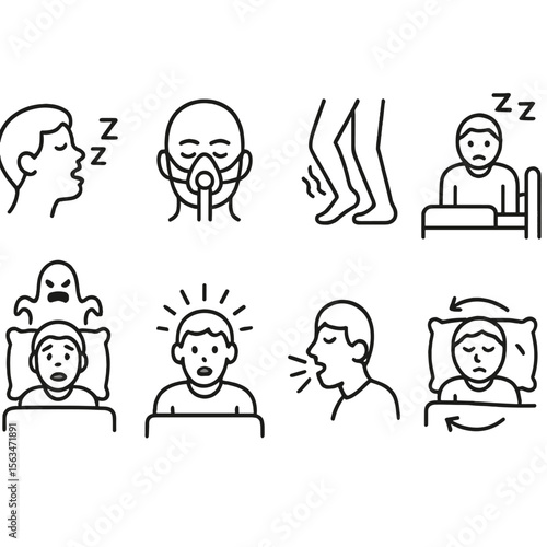 Sleep Disorder Icons. Line style icons of sleep disorders: snoring icon, sleep apnea mask, restless legs icon, insomnia figure,