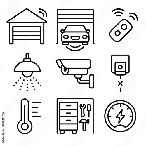 Garage Automation Icons. Outline style icons of Garage Automation: smart garage door, car presence sensor, remote clicker,