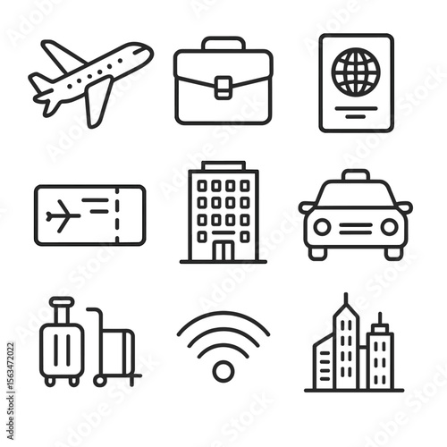Business Travel Icons. Line style icons of Business Travel: airplane, briefcase, passport, boarding pass, hotel building, taxi cab