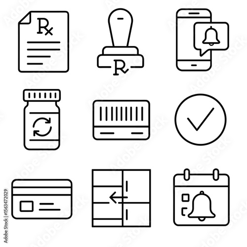 Digital Prescription Icons. Outline style icons of Digital Prescription Renewal: e-prescription file, pharmacist stamp, phone