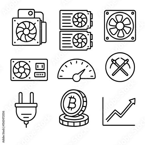 Crypto Mining Icons. Outline style icons of Crypto Mining Setup: ASIC miner rig, GPU stack, cooling fan, power supply unit, hash