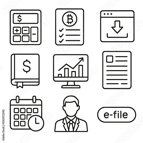 Crypto Tax Icons. Outline style icons of Crypto Tax Reporting Kit: profit loss calculator, taxable events list, CSV import icon,