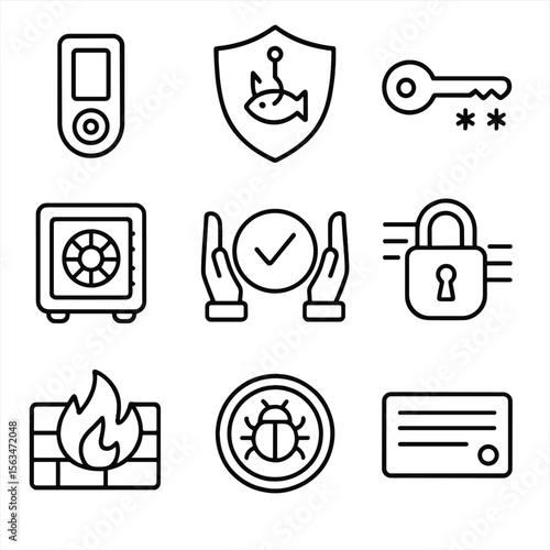Outline Crypto Security Icons. Outline style icons of Crypto Security Suite: hardware wallet, phishing alert shield, two-factor