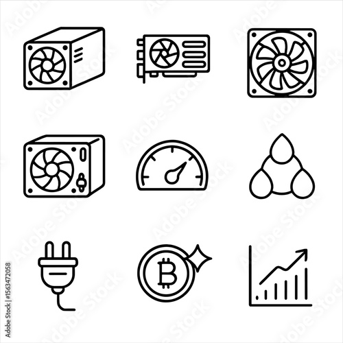 Crypto Mining Icons. Outline style icons of Crypto Mining Setup: ASIC miner rig, GPU stack, cooling fan, power supply unit, hash