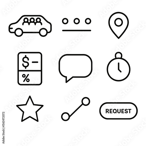 Rideshare App Icons. Outline style icons of Carpool Rideshare App: shared vehicle icon, seat availability dots, pickup pin, fare