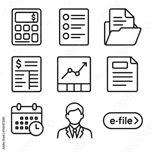 Crypto Tax Icons. Outline style icons of Crypto Tax Reporting Kit: profit loss calculator, taxable events list, CSV import icon,