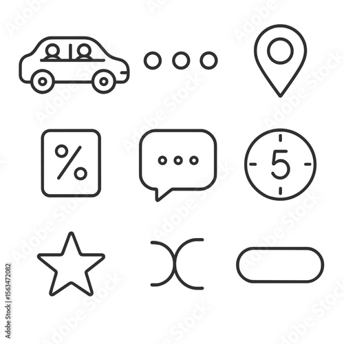 Rideshare App Icons. Outline style icons of Carpool Rideshare App: shared vehicle icon, seat availability dots, pickup pin, fare