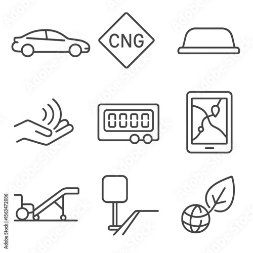 Low-Emission Taxi Icons. Outline style icons of Low-Emission Taxi Fleet: hybrid sedan silhouette, CNG badge, taxi roof light,