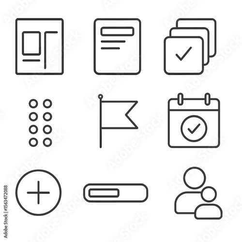 Kanban Board Icons. Outline style icons of Online Kanban Board: backlog column, in-progress card, done stack, drag handle,