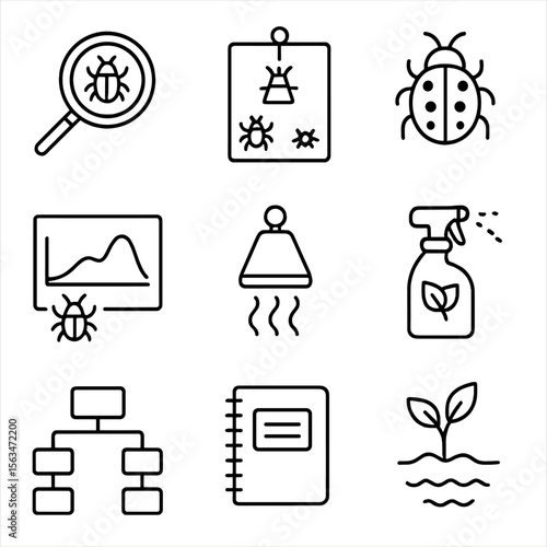 Integrated Pest Management Icons. Outline style icons of Integrated Pest Management: pest scouting loop, sticky trap, beneficial