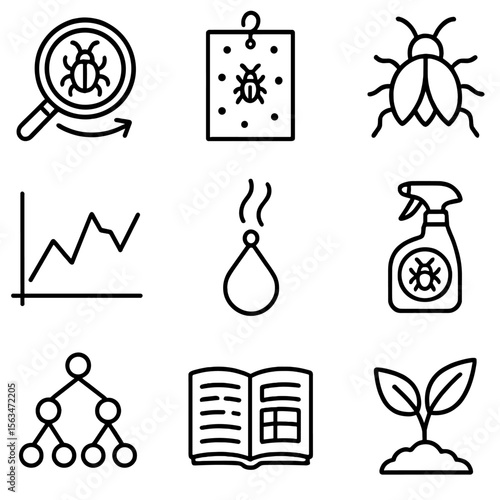 Integrated Pest Management Icons. Outline style icons of Integrated Pest Management: pest scouting loop, sticky trap, beneficial