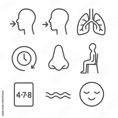 Breathing Exercise Icons. Outline style icons of Breathing Exercises: inhale arrow, exhale arrow, lungs diagram, metronome circle,