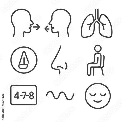 Breathing Exercise Icons. Outline style icons of Breathing Exercises: inhale arrow, exhale arrow, lungs diagram, metronome circle,