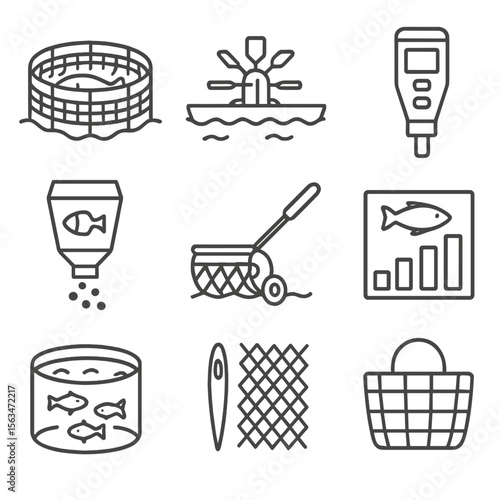 Sustainable Aquaculture Icons. Outline style icons of Sustainable Aquaculture: fish cage, aerator paddle, water quality tester,