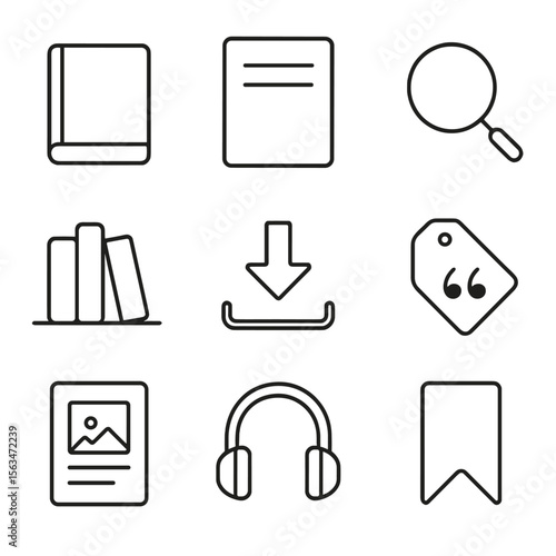 Digital Library Icons. Outline style icons of Digital Resource Library: ebook icon, journal article, search magnifier, category