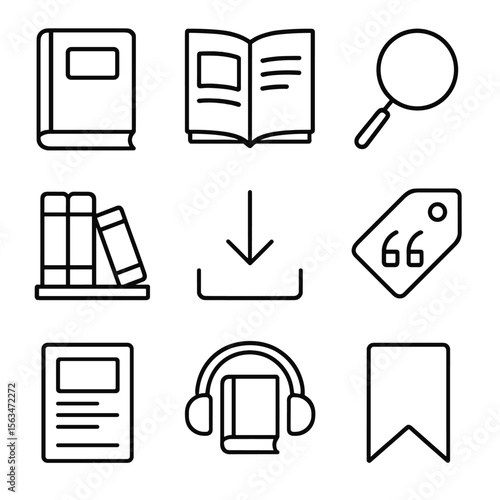 Digital Library Icons. Outline style icons of Digital Resource Library: ebook icon, journal article, search magnifier, category