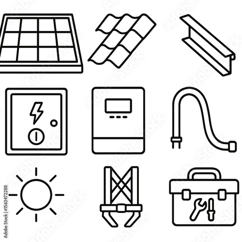 Solar Installation Icons. Outline style icons of Solar Rooftop Installation: solar panel array, roof tiles, mounting rail, DC