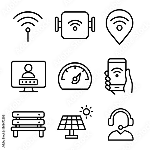 Public WiFi Icons. Outline style icons of Public WiFi Hotspots: wifi antenna, access point bracket, hotspot map pin, login portal