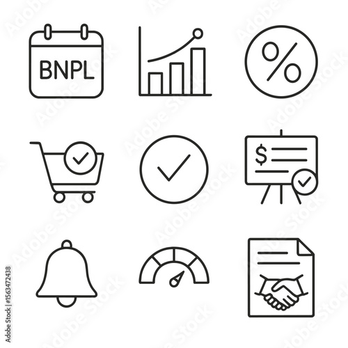 BNPL Icon Set. Outline style icons of Buy Now Pay Later: BNPL calendar, installment bar, zero interest badge, checkout checkbox,