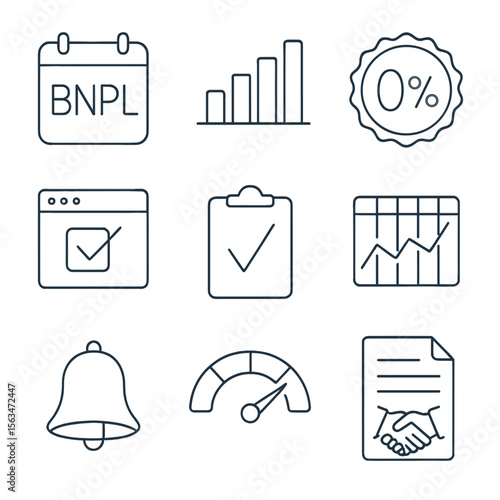 BNPL Icon Set. Outline style icons of Buy Now Pay Later: BNPL calendar, installment bar, zero interest badge, checkout checkbox,