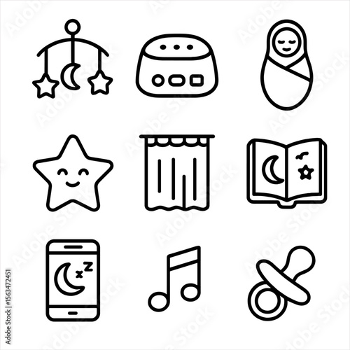 Baby Sleep Icons. Outline style icons of Baby Sleep Routine: crib mobile, white-noise machine, swaddle sack, night-light star,