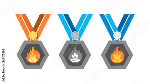 Medal set vector olympic game award gold silver bronze fire achievement design icon