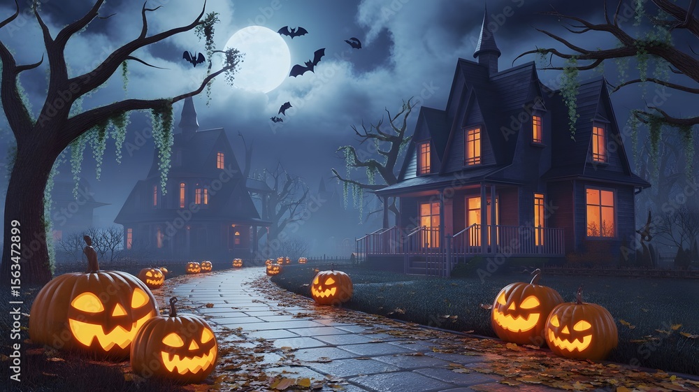 Fototapeta premium Haunted Forest at Night with Glowing Jack-o’-Lanterns and Foggy Atmosphere