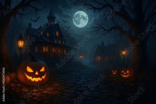 Haunted Forest at Night with Glowing Jack-o’-Lanterns and Foggy Atmosphere