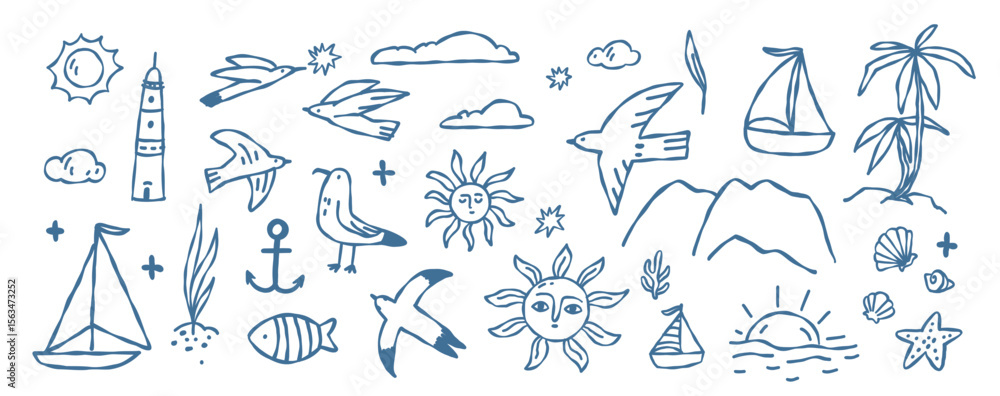 Fototapeta premium Set of hand-drawn summer and sea elements: birds, sun, clouds, lighthouse, boats, palm trees, anchor, waves, shells, fish, and mountains. Flat sketch style on white background