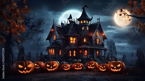 Haunted Forest at Night with Glowing Jack-o’-Lanterns and Foggy Atmosphere