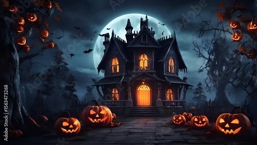 Haunted Forest at Night with Glowing Jack-o’-Lanterns and Foggy Atmosphere