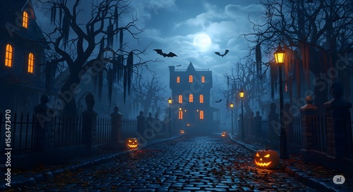 Haunted Forest at Night with Glowing Jack-o’-Lanterns and Foggy Atmosphere
